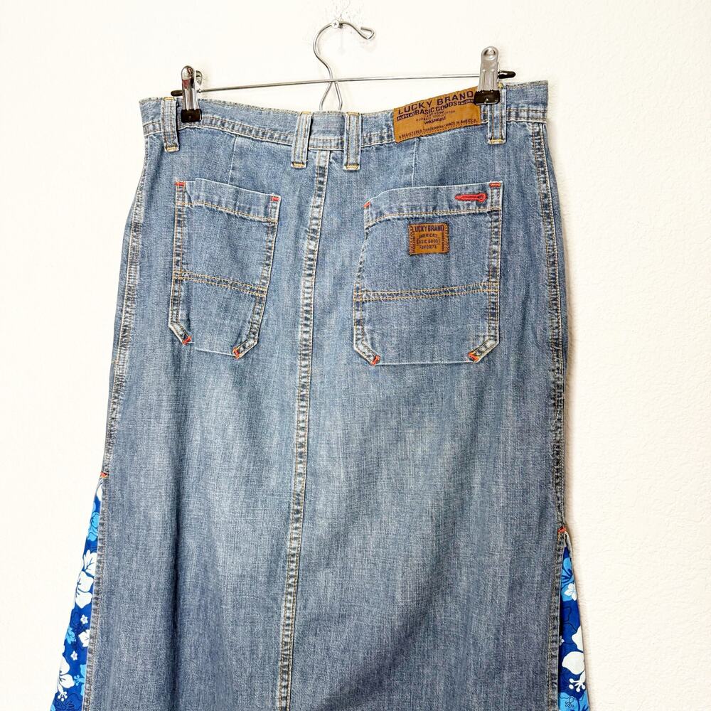 Vintage 90s Lucky Brand Reworked Denim Maxi Skirt Hawaiian Hibiscus Upcycled - Picture 6 of 8